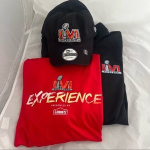 SuperBowl experience gear. Black zip up jacket, hooded long sleeve and hat